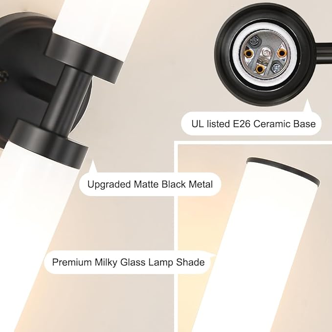 Matte Black Wall Sconces Set of 2, Modern Bathroom Vanity Lights for Mirror, Wall Light Fixtures with Milk Glass for Bathroom, Bedroom, Hallway, E26 Base, Bulbs Required, 22.05 Inch