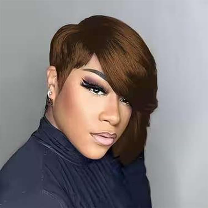 Adette Brazilian Remy Human Hair Pixie Cut Wig - #4 Dark Brown Side Part and Layered 8 Inch Short Straight Style 180% Density with Rose Net Cap for Black Women