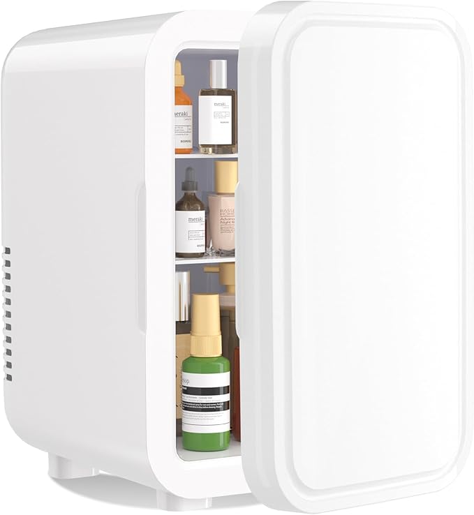 Mini Fridge, 6 Liter/8 Can 110V AC/DC Portable Thermoelectric Cooler Refrigerators for Bedroom, Personal Skin Care Fridge for Cosmetics, Drink, Milk, Office, Dorm Room and Car, White
