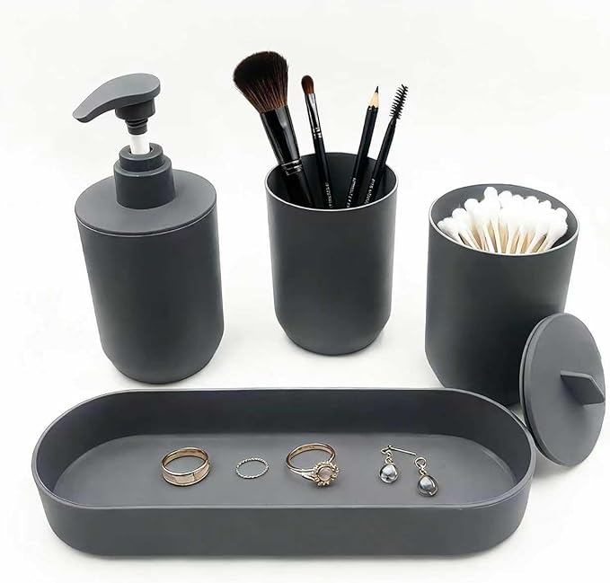 LGURT-4-piece Set of Bathroom Accessories, Plastic Bathroom Accessories, Toothbrush Holder, Toothbrush Cup, soap Dispenser, soap pan (Dark Gray)