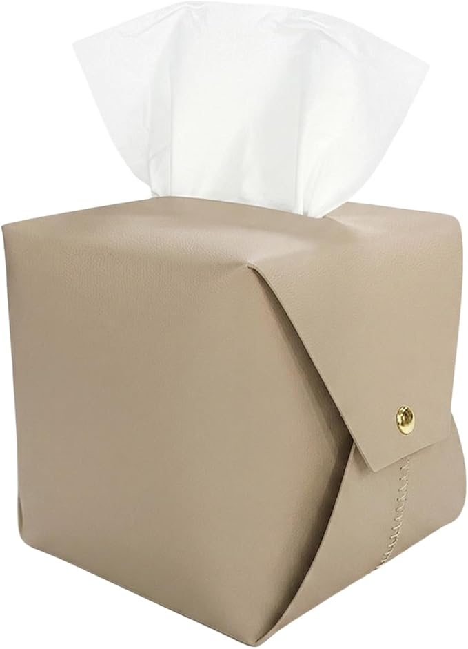 Tissue Box Cover Square, Leather Tissue Holder Organizer with Side Snap for Bathroom, Vanity, Tabletop, Office (1Pack-Light Taupe)