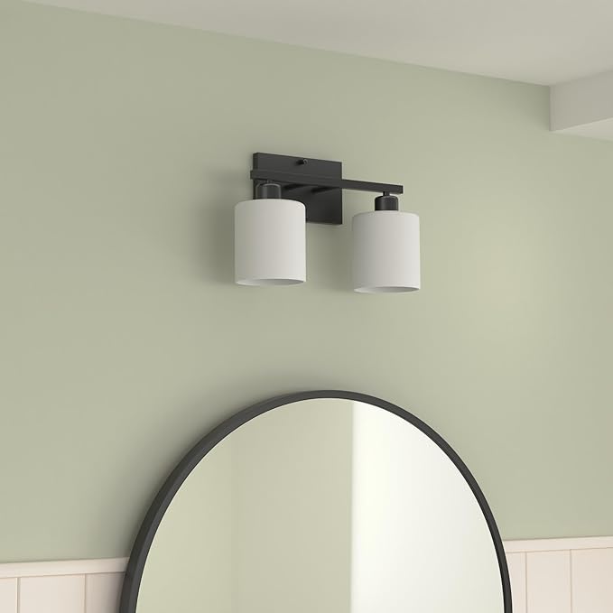 Bathroom Light Fixtures Over Mirror, Anti-Rust Matte Black Vanity Lights 15 Mid Century Modern 2-Light Wall Sconces, Milky White Glass Shades, E26 Standard Socket, Bulbs Not Included