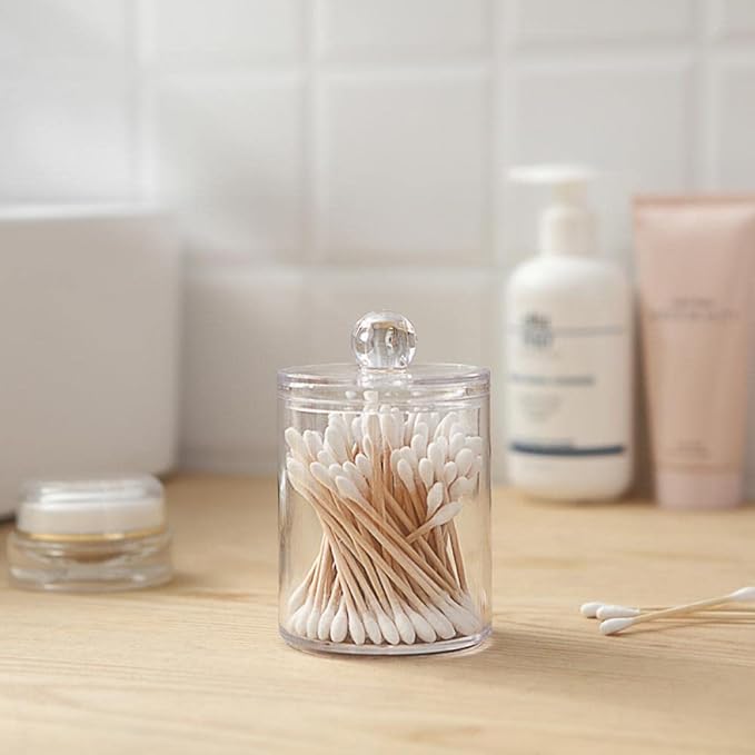 Sizikato 2pcs Clear Acrylic Q-Tip Holder for Bathroom, Round Cotton Swab Dispenser with Lid