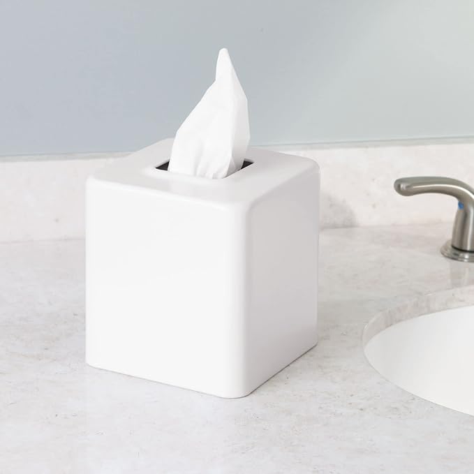 mDesign Steel Square Tissue Box Cover, Modern Facial Paper Holder for Bathroom Vanity Countertop, Bedroom Dresser, Night Stand, Desk, Office and End Table - Unity Collection - White