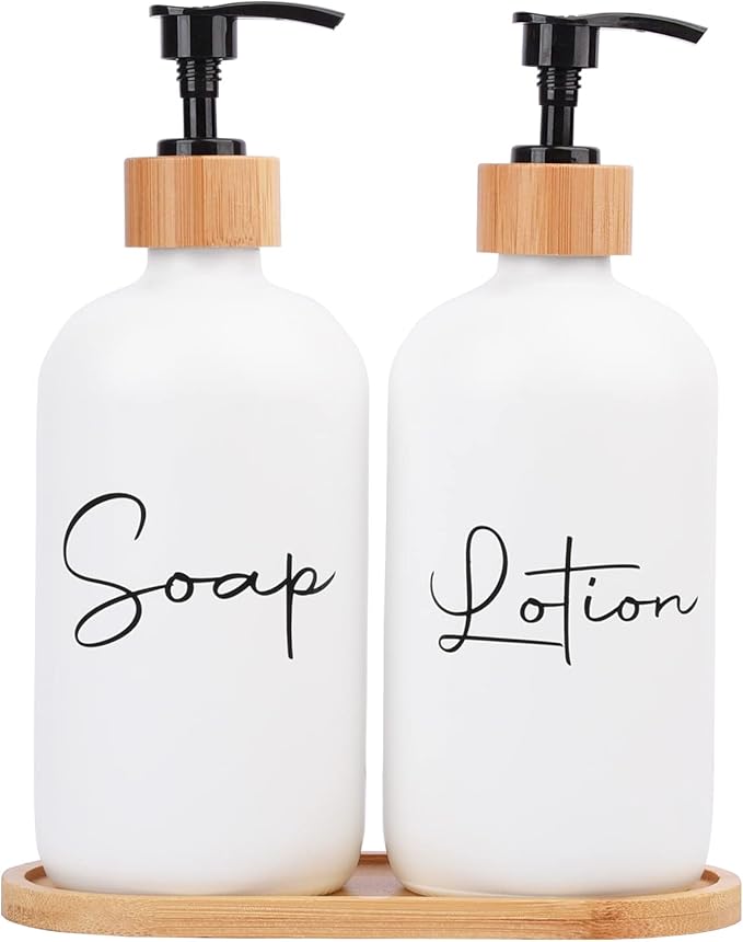 17 oz Hand Soap Dispenser Empty Glass Lotion Pump Bottles, Refillable Liquid Dish Soap Bottles for Bathroom Decor, Kitchen Sink, Matte Design and Wood Tray, Pack of 2, White