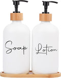 17 oz Hand Soap Dispenser Empty Glass Lotion Pump Bottles, Refillable Liquid Dish Soap Bottles for Bathroom Decor, Kitchen Sink, Matte Design and Wood Tray, Pack of 2, White