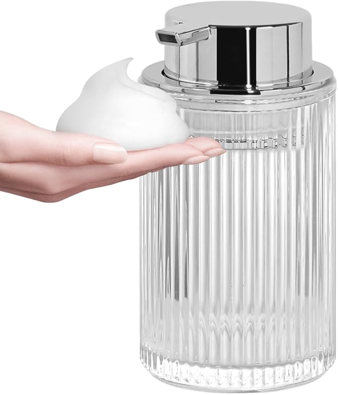 Foaming Soap Dispenser, 12 Oz Thick Glass Foam Hand Soap Dispenser, Refillable Glass Foam Pump Bottle Container Decorative Slim Ribbed Bottle for Bathroom and Kitchen (1, Clear Silver)