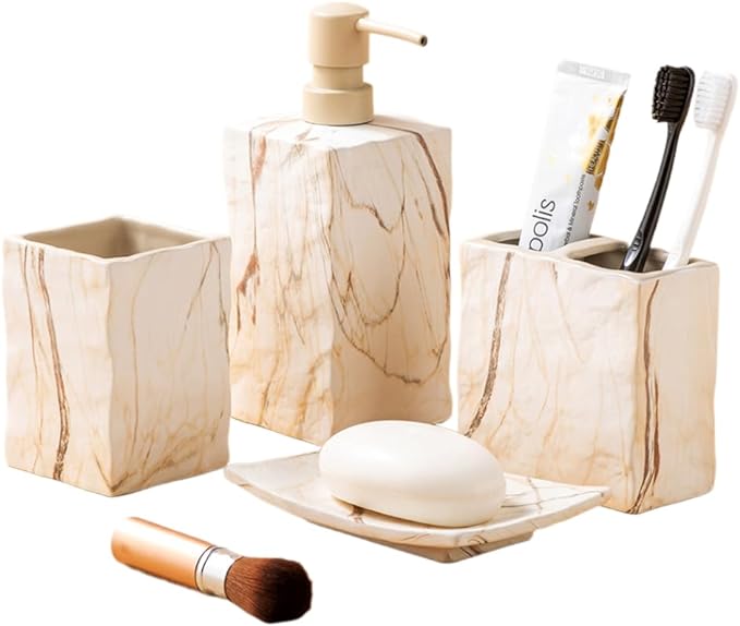 Bathroom Accessories Set 4 Pieces Toothbrush Holder Soap Dispenser Ceramic Bathroom Decor Set Contain Toothbrush Cup Soap Dish Tumbler Marble Brown