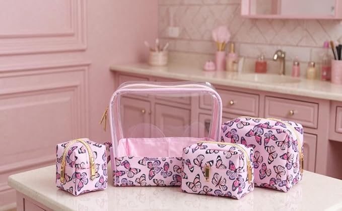 Emma & Chloe Travel Toiletry Bags for Women, 5 Piece Waterproof Cosmetic Case, Bag, Pouch Makeup Organizer Set for Women, Home Counters (Fluttering Pink Butterflies)