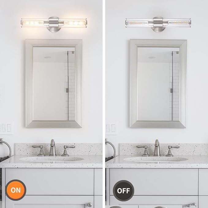 Brushed Nickel Bathroom Sconces Set of 2, Modern Wall Sconce Lighting with Clear Glass, Harded Wired Wall Sconces Set of Two, Wall Light Fixtures over Mirror, Sconces Wall Lighting for Laundry, Porch