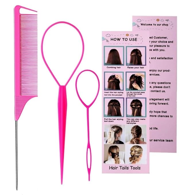 Aigee 8Pcs Hair Styling Combs Set Include 4Pcs Topsy Hair Tail Tools 2 Styles of Rat Tail Comb,1Pcs Bristle Teasing Slick Back hair Brush,1Pcs Edge Control Brush,Eyebrow Brush for Woman Girl Pink