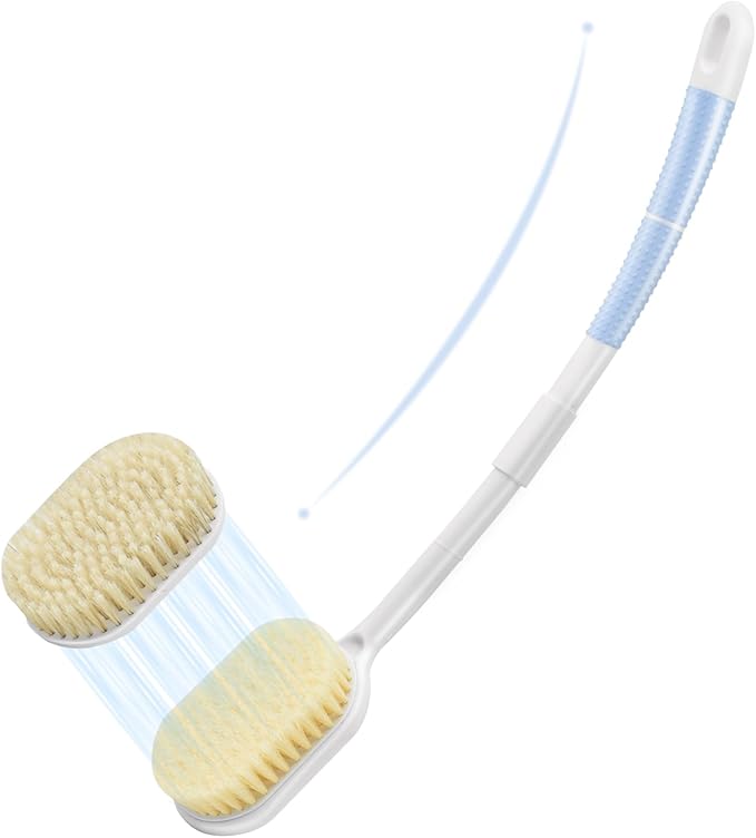 Portable Shower Brush,Long Curved Foldable Handle with Soft and Stiff Bristles,Back Scrubber Bath Brush Removable Body Exfoliator for Wet or Dry Brushing