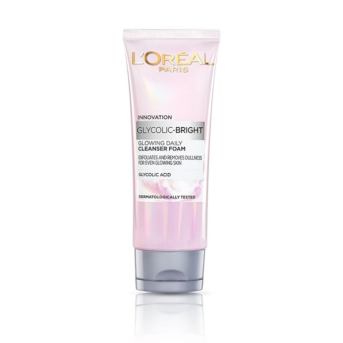 L'Oreal Paris Glycolic Bright Daily Foaming Face Cleanser, 100ml | Glycolic Acid Face Wash for Dull Skin | Daily Glowing Facial Cleanser