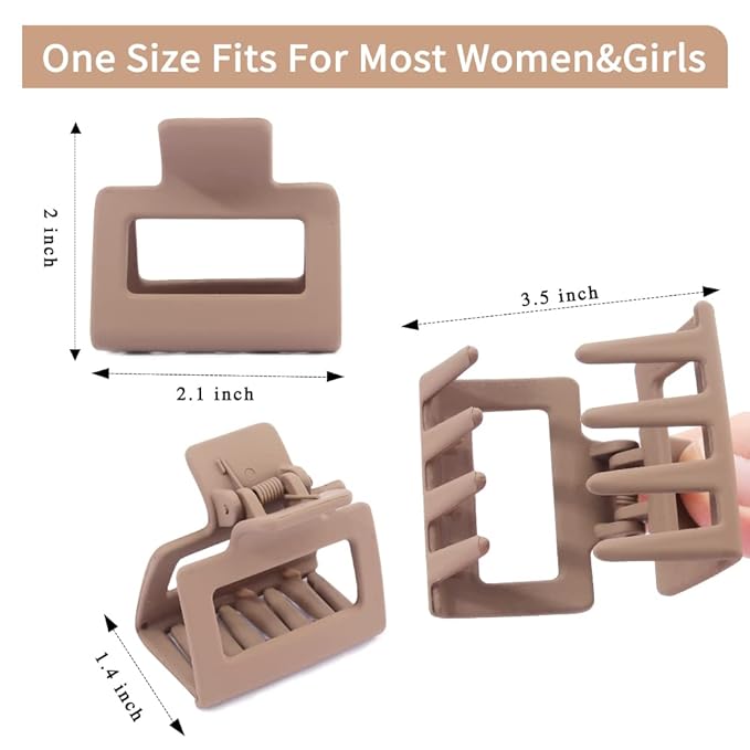 4 Pack Matte Hair Clips for Thin & Thick Hair - 2 Square Medium Claw Clips in Neutral Color (Cute for Women)
