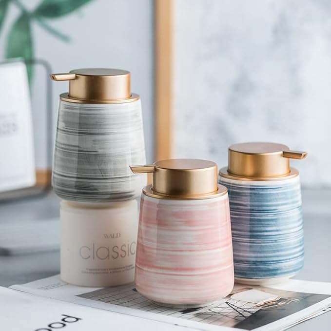 Modern Striped Style Gold Soap Dispenser for Bathroom, Ceramic Hand Soap Dispenser, Easy to Refill Liquid (Pink-Foam Pump)