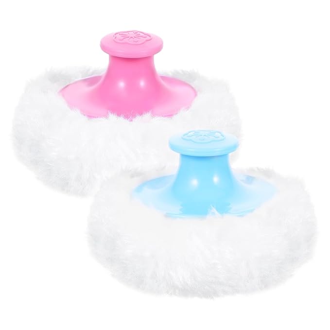 2 Pcs Large Fluffy Powder Puff Body Cosmetic Face Loose Powder Applicator Handle Foundation Puff Pad Washable Beauty Application Tool for Women Sensitive Skin (Pink+Blue)
