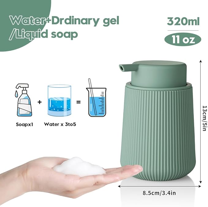 Striped Foaming Hand Soap Dispenser with Leak-Proof Pump for Bathroom and Kitchen Countertop 11oz Sage Green