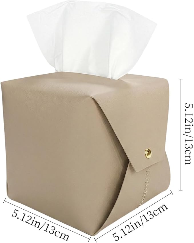 Tissue Box Cover Square, Leather Tissue Holder Organizer with Side Snap for Bathroom, Vanity, Tabletop, Office (2Pack-Light Taupe)