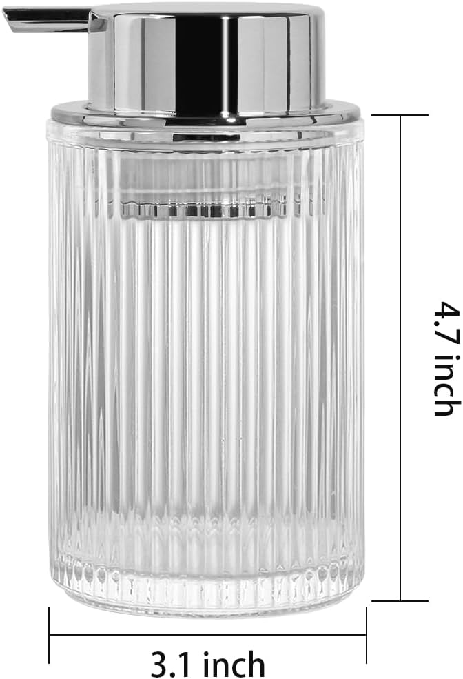 Foaming Soap Dispenser, 12 Oz Thick Glass Foam Hand Soap Dispenser, Refillable Glass Foam Pump Bottle Container Decorative Slim Ribbed Bottle for Bathroom and Kitchen (1, Clear Silver)