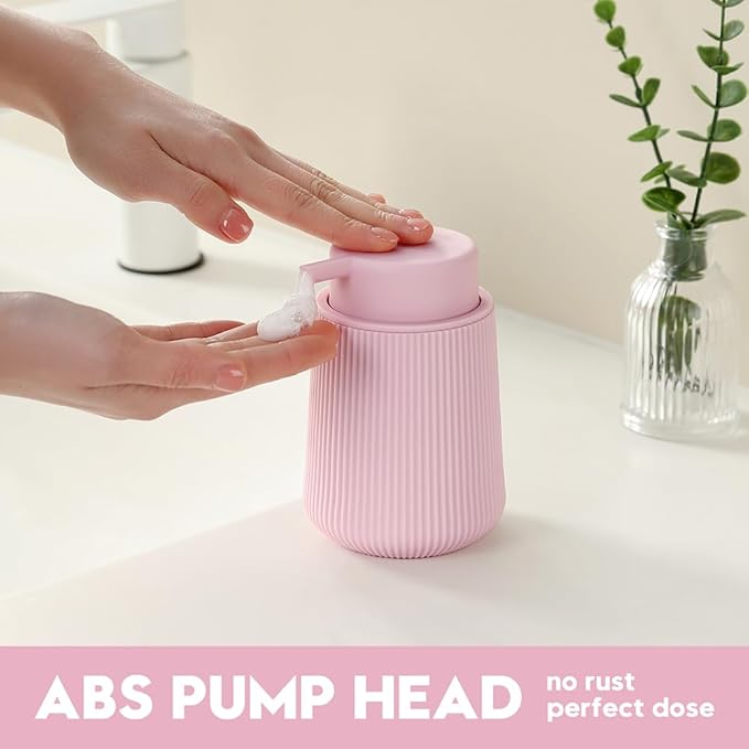 Striped Foaming Hand Soap Dispenser with Leak-Proof Pump for Bathroom and Kitchen Countertop 11 oz Pink