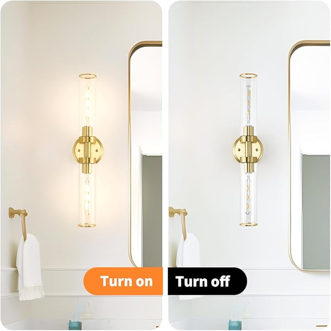 Antique Gold Wall Sconces Set of 2, Modern Bathroom Vanity Lights for Mirror, Hardwired Glass Wall Light Fixtures with E26 Base (Bulbs Required) for Bathroom, Bedroom, Hallway, 22.05 Inch