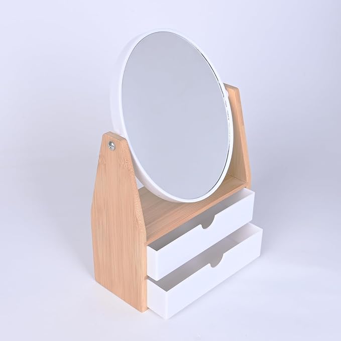 1x / 5X Magnifying Makeup Mirror, Jewelry and Cosmetics Storage Box with Double Drawers, Adjustable Natural Bamboo Stand, 360° rotatable Vertical Desktop Mirror (1, Oval)