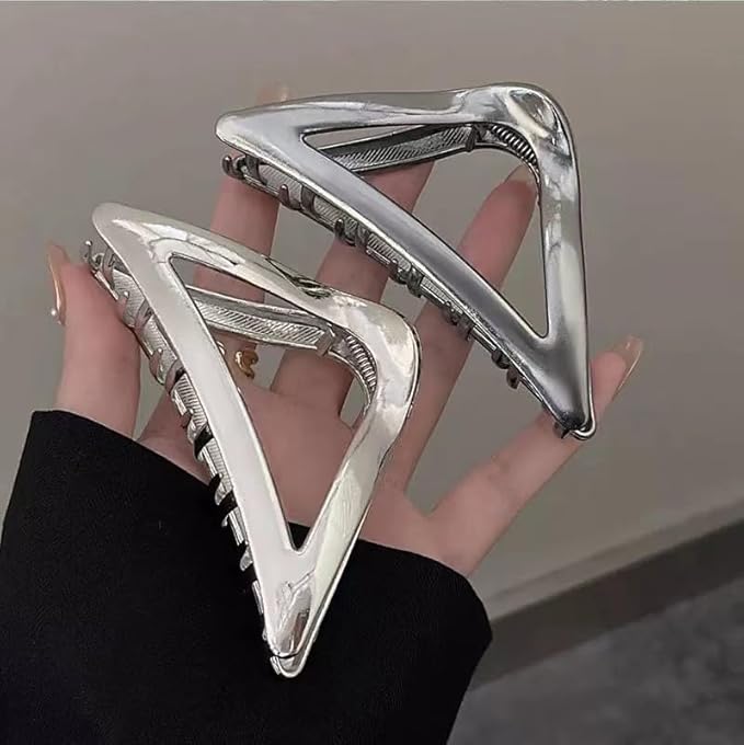 BeeGift 2Pcs Hair Clips, Triangular Hair Claw Clips, Metal Hair Clips, 4inch Exquisite Silver Geometry Designs Hair Jaw Clips for Hair Accessories for Women Girls Gift