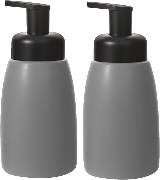 Foaming Hand Soap Dispenser Ceramic Jar Foam Dish Soap Dispenser for Bathroom and Kitchen Sink, Liquid Pump Bottle for Shampoo, Body Wash, Hand Soap, Grey, 2 Pack