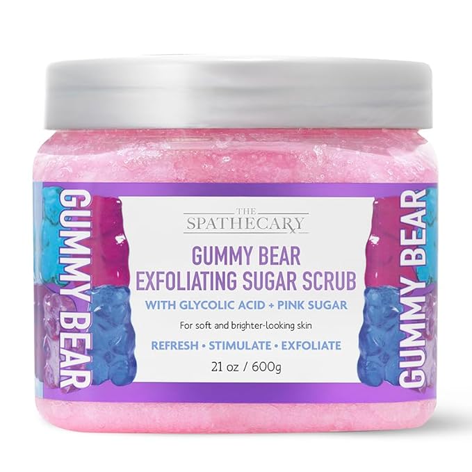 Gummy Bear Sugar Scrub - Exfoliating & Hydrating Body Scrub With Pink Sugar & Glycolic Acid To Help Smooth, Soft & Brighten For Radiant Skin, Body Care Exfoliator & Cleanser, 21 oz