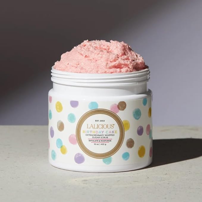 LALICIOUSSugar Kiss Sugar Scrub for Body, Exfoliating Body Scrubs for Women, Moisturizing Body Exfoliator with Coconut Oil & Honey for Radiant Skin, Zero Greasy, No Parabens (Birthday Cake 2oz)