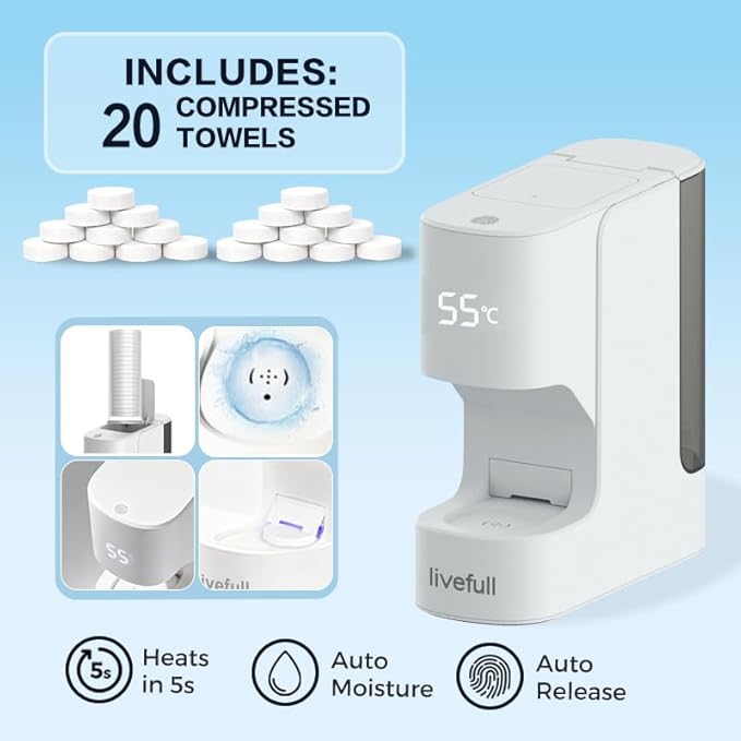Hot Face Towel Heater Machine, Towel Warmer, 55°C Constant Temperature, 20 Compressed Towels, Smart Voice Alerts, Auto Heating & Dispensing, White