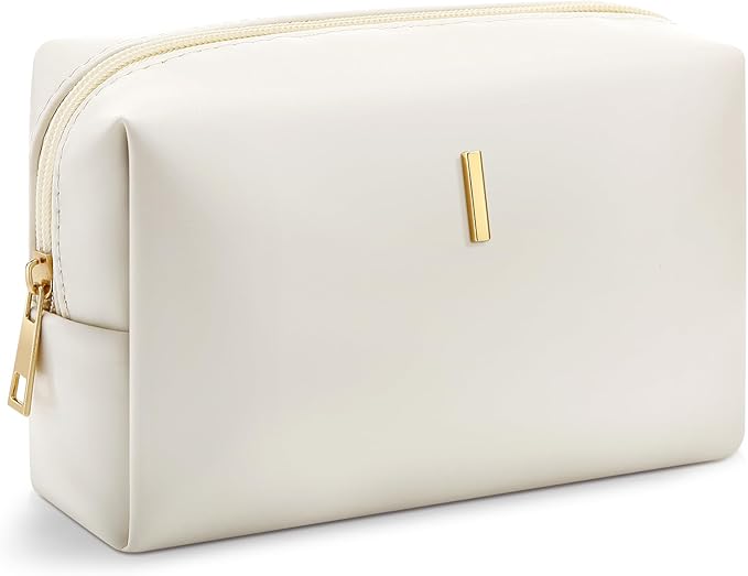 Kigeli Initial Makeup Bag for Women Beige Leather Easter Basket Gifts Monogram Cosmetic Bag Small Travel Toiletry Pouch Wedding Birthday Graduation Bridesmaid Gifts for Teen Girls Women Teachers(I)