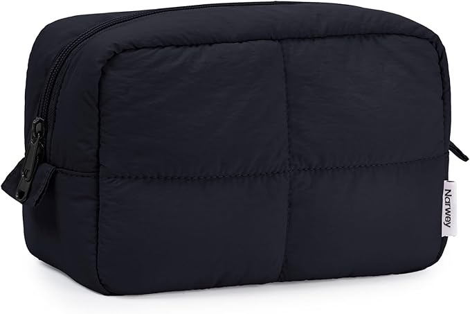 Narwey Travel Makeup Bag for Women Girl, Quilted Black Makeup Bag Cosmetic Make Up Organizer Bags with Compartments, Travel Toiletry Bag for Toiletries (Black)