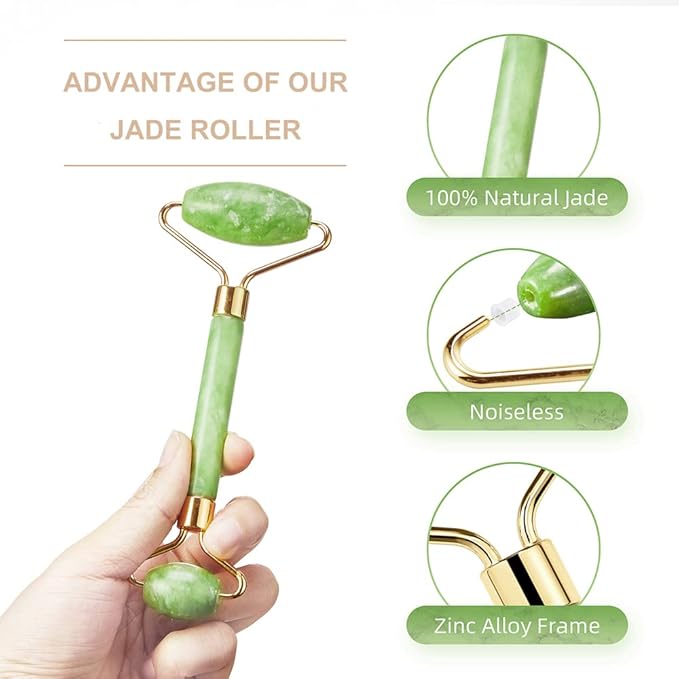 AECW 3-in-1 Natural Jade Roller and Gua Sha Set for Face and Eye Ice Roller Facial Cooling Massage Roller (Green Ice Roller + Jade Roller + Gua Sha)