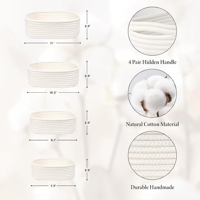 Storage Baskets for Organizing, Small Woven Basket Set of 4 - Cotton Rope Baskets for Shelves, Organizer Baskets are Ideal for Nursery, Bedroom, as Gift Basket Empty for Baby Shower, Festival