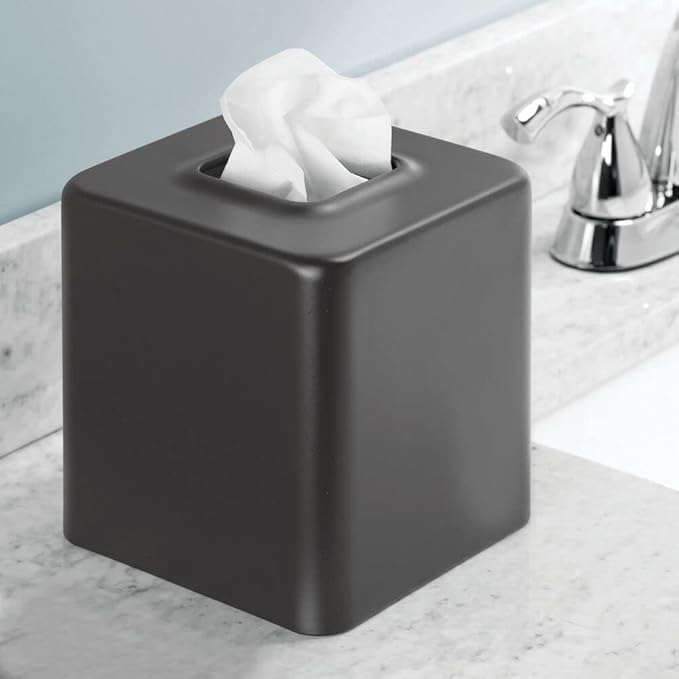 mDesign Metal Square Tissue Box Cover, Modern Facial Paper Holder - Accessories for Bathroom Vanity Countertop, Bedroom Dresser, Night Stand, Desk, Office, End Table - Unity Collection - Graphite Gray