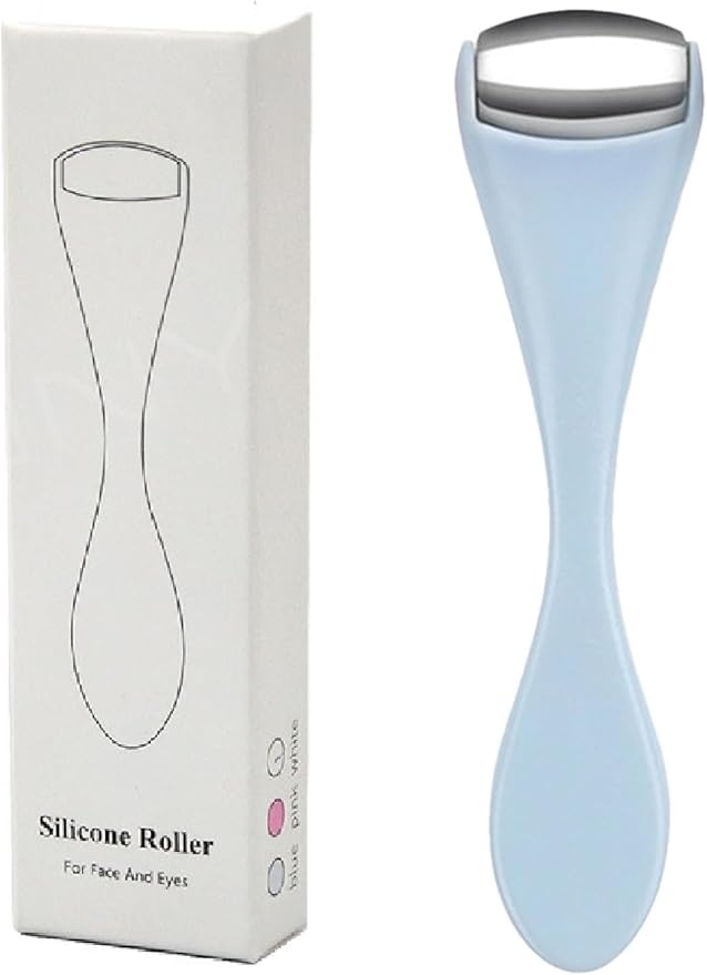 Mini Eye Face Rollers Massager 304 Stainless Steel Ice Silicone Roller for Relief Pain Skincare Facial (Blue Color)
