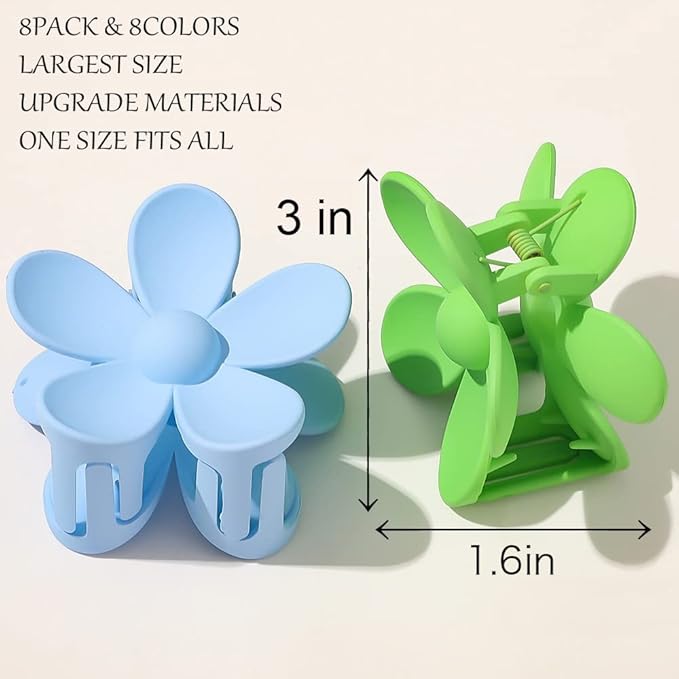 Flower Hair Clips 8PCS, Large Claw Clips for Women Girls Thick Thin Hair, Strong Hold Non slip Big Matte Dasiy Jaw Clamps Hair Accessories 8 Colors