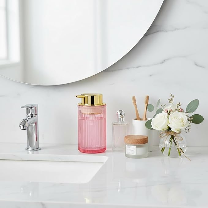 Foaming Soap Dispenser, 12 Oz Pink Glass Soap Dispenser, 2pcs Refillable Liquid Lotion Container Foam Pump Bottle Decorative Modern Slim Ribbed Bottle for Bathroom and Kitchen