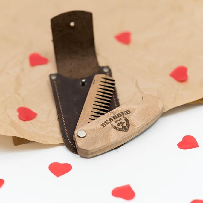 Beard Comb for Men Pocket Folding Combs for Mustache & Hair Travel Natural Wooden Comb with Real Man Engraving - Perfect for Use w/Beard Balm Oil (The Bearded Man)