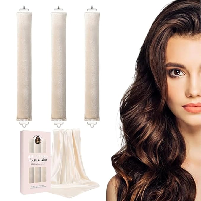 Heatless Curls Overnight Set of 3 with 1 Scarf - Heatless Hair Curler, Overnight Blowout Rods for Blowout Look Long Hair (Beige)
