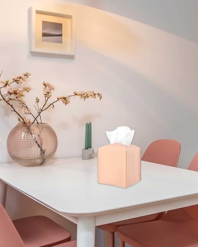 Pink Tissue Box Cover Leather – with Bottom Belt [JESMINI] Decorative Modern PU Leather Tissue Box Holder for Bathroom Vanity/Night Stands/Office