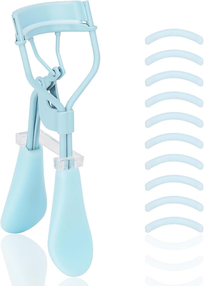 Eyelash Curler with Pads, Lash Curler with 10 Extra Silicone Replacement Pads, Comfortable Grip for Effortless Curling – Eyelashes for The Perfect Eye Contour (Crystal Blue)