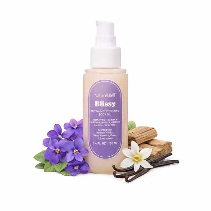 NATURE WELL Illuminating Shimmer Body Oil, Lightweight, Fast-Absorbing Formula, Designed Deeply Hydrate & Condition the Skin, Scented with Vanilla, White Flowers, Violet, & Sandalwood, 3.4 Oz