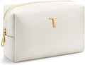 Kigeli Initial Makeup Bag for Women Beige Leather Easter Basket Gifts Monogram Cosmetic Bag Small Travel Toiletry Pouch Wedding Birthday Graduation Bridesmaid Gifts for Teen Girls Women Teachers(T)