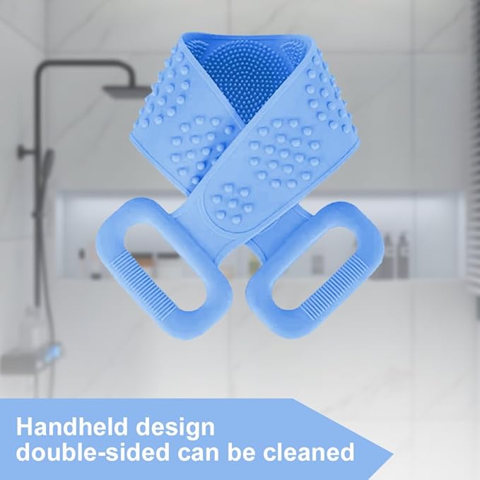 Silicone Back Scrubber for Shower, Dual-Sided Back Exfoliator Washer Scrub Strap -, Exfoliate and Massage, Hygienic, Durable and Easy to Clean, Blue and Purple 2 Pack