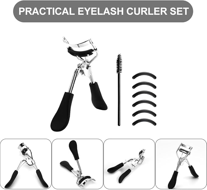 Eye Lash Curler with 6PCS Extra Replacement Strips, Professional Makeup Tool for Eyelashes, Easy & Comfortable to Grip and Use Metal Eyelash Curler(Color:Black)