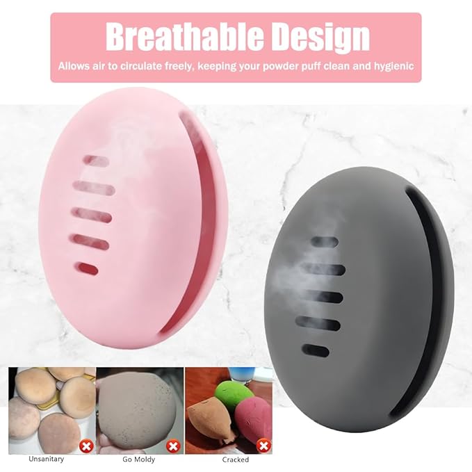 Portable Powder Puff Case,Breathable Round Makeup Puff Protective Container,Silicone Make-up Storage Box Travel Quick Drying Easy to Carry,4 Pieces,Pink+Grey