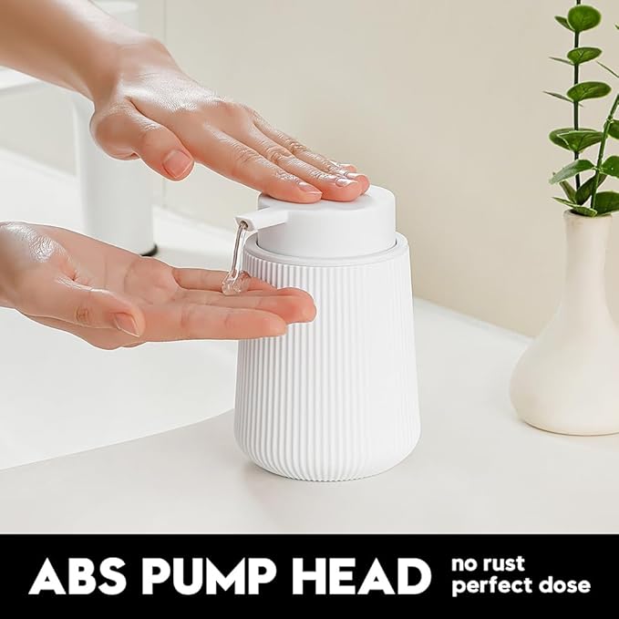 Striped Liquid Hand Soap Dispenser with Leak-Proof Pump for Bathroom and Kitchen Countertop 11oz White