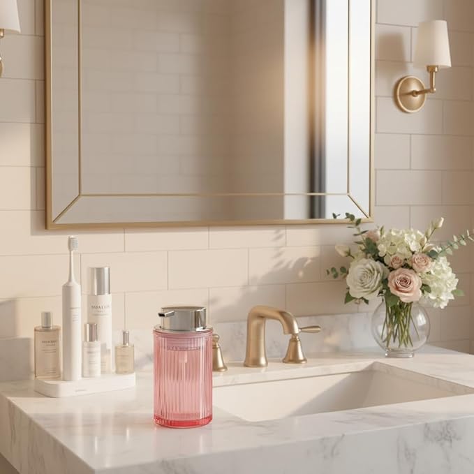 Foaming Soap Dispenser, 12 Oz Pink Glass Foam Hand Soap Dispenser, Refillable Glass Foam Pump Bottle Container Decorative Slim Ribbed Bottle for Bathroom and Kitchen